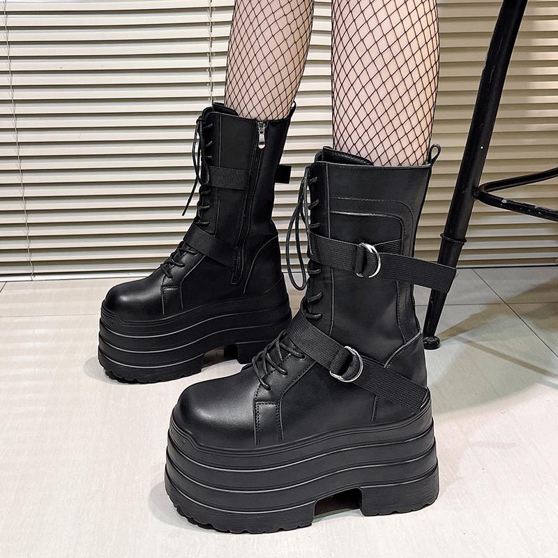 Fashion 17CM High Platform Gothic Boots Buckle Autumn Winter Leather Shoes Punk Street Cosplay Mid-calf Boots Motorcycle Short Botas