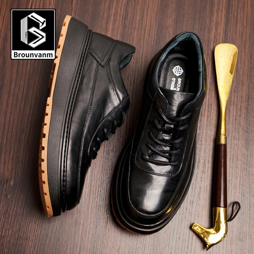 Bowei Leather British Style Business Men'S Shoes Leather Shoes Breathable Lace-Up Shoes Round Head Trend Thick Sole Breathable Leather Shoes