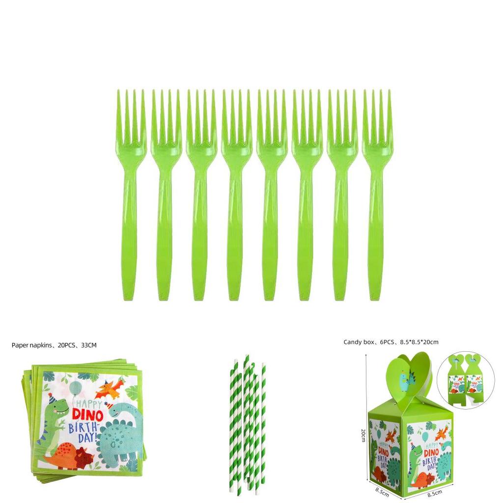 Colorful Cartoon Dinosaur Party Birthday Supplies Tableware Plates Cups Banner Set