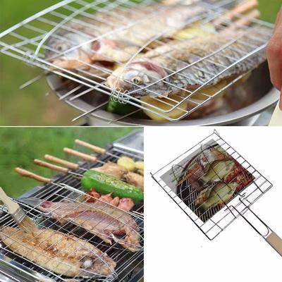 Edelstahl BBQ Grillnetz mit verchromtem und Hartholzgriff Fischfleischgrill Barbecue Clip Klemmordner Netz BBQ Werkzeuge