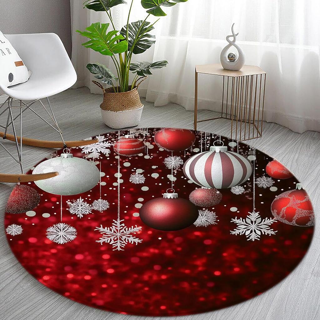 Red Christmas Ball Round Rug Xmas Snowflake Merry Christmas Winter Holiday for Entryway Living Room Bedroom Home Decor