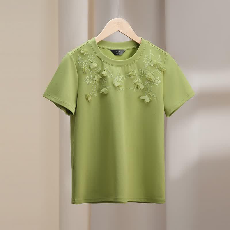 Bailuyu Floral Embroidery Round Neck Knit T-Shirt L