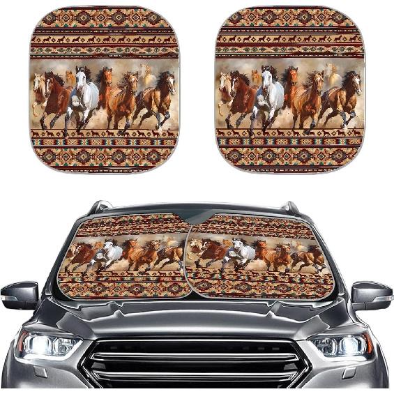 

Black Horse 2-Piece Windshield Sun Shade Foldable Car Front Window Sunshade for Most Cars SUV Truck Heat Blocker Visor Protector Blocks Max UV Rays Southwest Native American