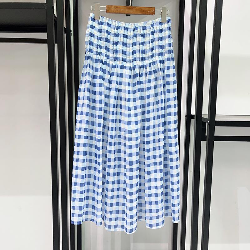 French Niche Spring/Summer 2026 Ruched Blue & White Plaid Puff Sleeve Dress 26259 M