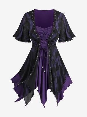 Rosegal Plus Size με βολάν και γκέτες, ασύμμετρο τοπ 2 σε 1, με κορδόνια και τιράντες