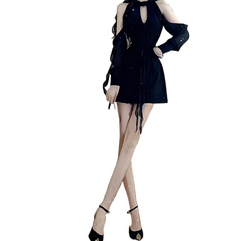 Black Dresses Women Sexy Hollow Out Female Casual Temperament  Spring Off Shoulder Korean Style Solid Hotsweet Empire Fashion