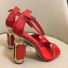 Red Patent Leather Gemstone Rhinestone Heel Bling Bling Women Sandals Ankle Strap Open Toe Chunky Heel Summer Sandals