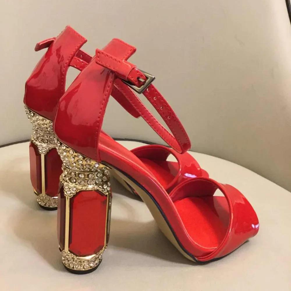 Red Patent Leather Gemstone Rhinestone Heel Bling Bling Women Sandals Ankle Strap Open Toe Chunky Heel Summer Sandals