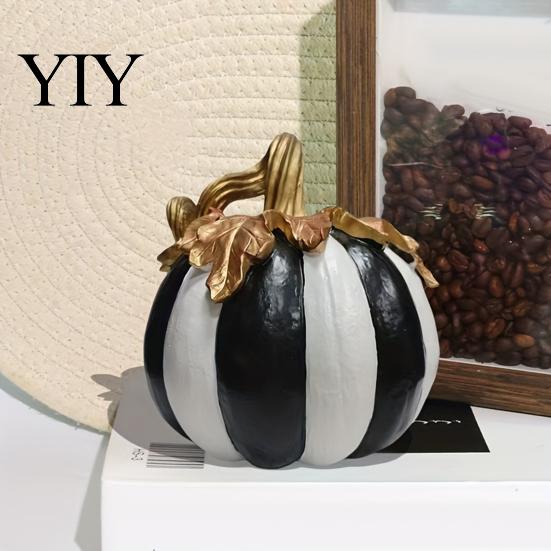 Fall Party Atmosphere Props Black And White Striped Pumpkin Ornament, Retro Style Resin Hand Painted Decor Tabletop Centerpiece, Halloween Ornament