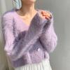 Hirsionsan Gentle Purple Mohair Cardigan Sweater Dam Cropped Mink Fleece Enkelknäppt tröja Kvinnlig Elegant mode varma toppar
