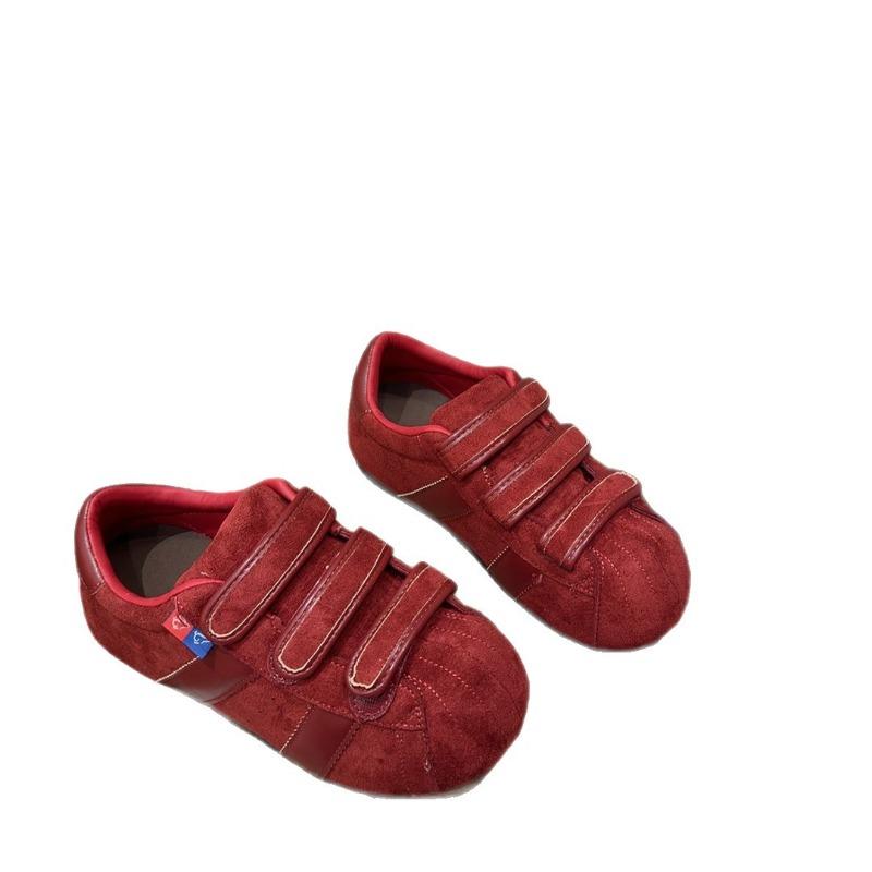 Leather Velcro women's shoes red women's autumn new student bread shoes casual board shoes