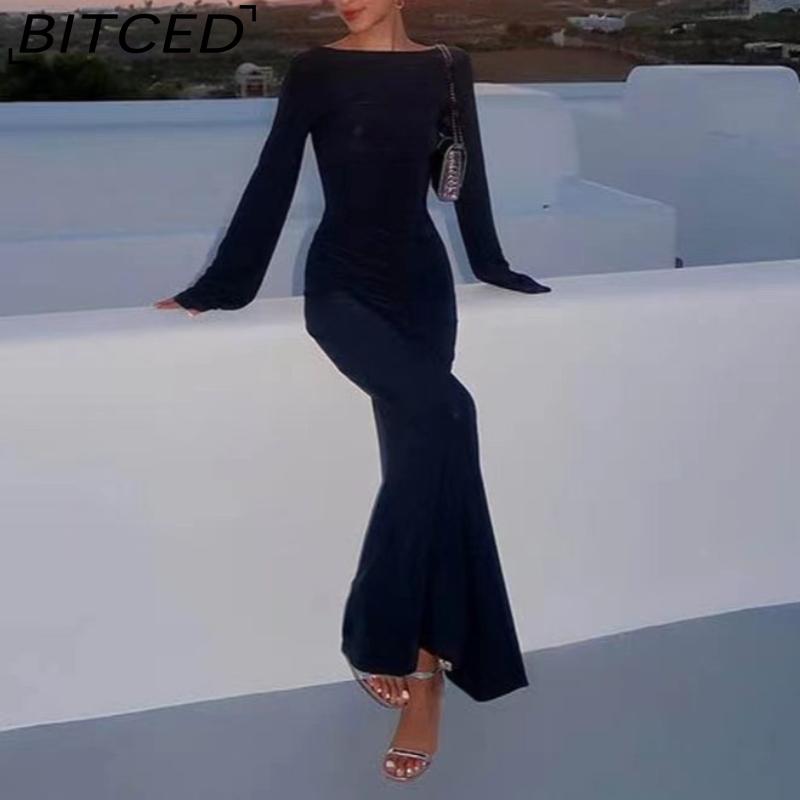 BITCED Women s O-neck Beach Sun-protective Long-sleeved Backless Dress Summer Long-sleeved Sexy Backless Dress S