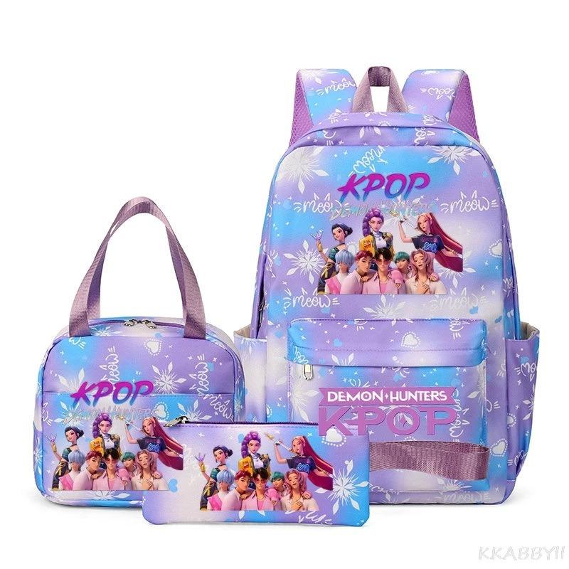 KPOP Nylon 3 Piece Set School Backpack for Students with Cartoon Print Air Cushion Design