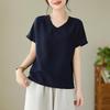 Women's Linen V-Neck Short-Sleeve Retro Top - Loose Casual Summer Style