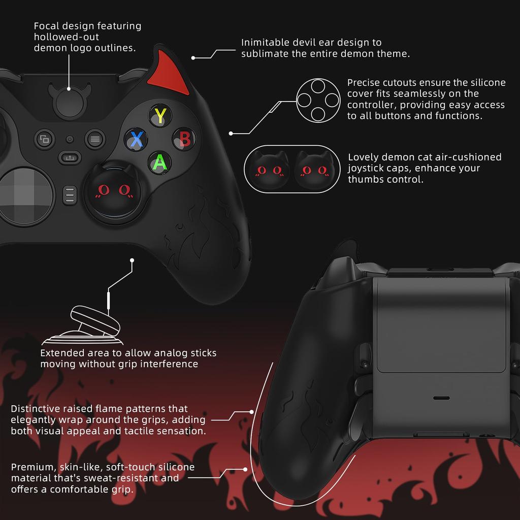PlayVital Cute Demon Silicone Cover for Xbox Elite Wireless Controller Series Includes Thumb Grip Caps 2, (Black)