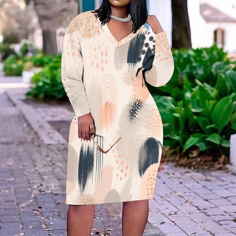 Women Plus Size V Neck Long Sleeve Printed White Fitted Dress