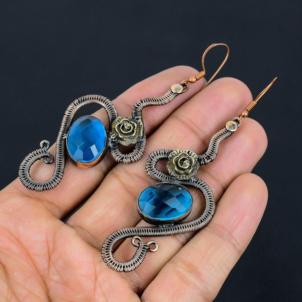Faceted Blue Topaz Earrings, 999 Copper Wire Wrapped Earrings Handmade Gemstone Jewelry, Gifts For Wife Brand New Earrings