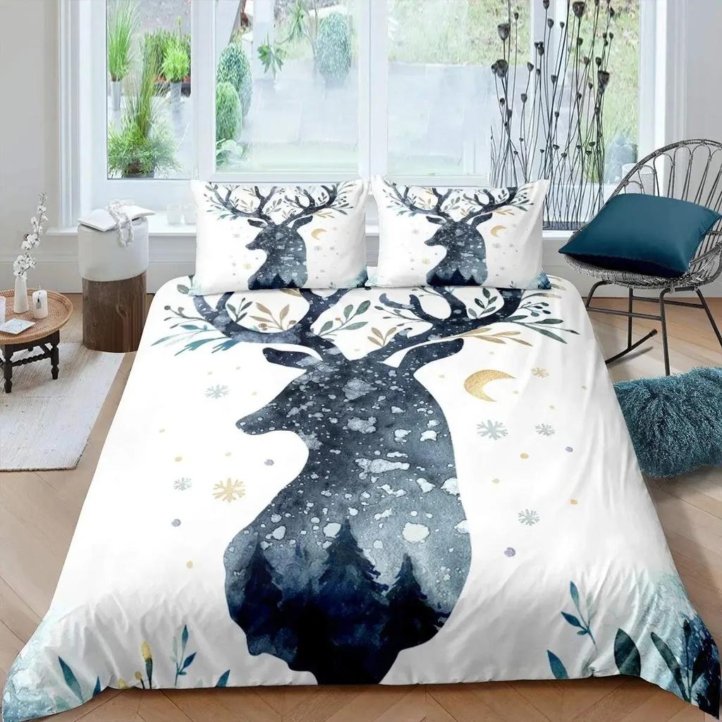 Gold Christmas Duvet Cover Set Gold Elk Xmas Printed Cartoon Christmas Festival Bedding Sets Full Queen Size with Pillowcase