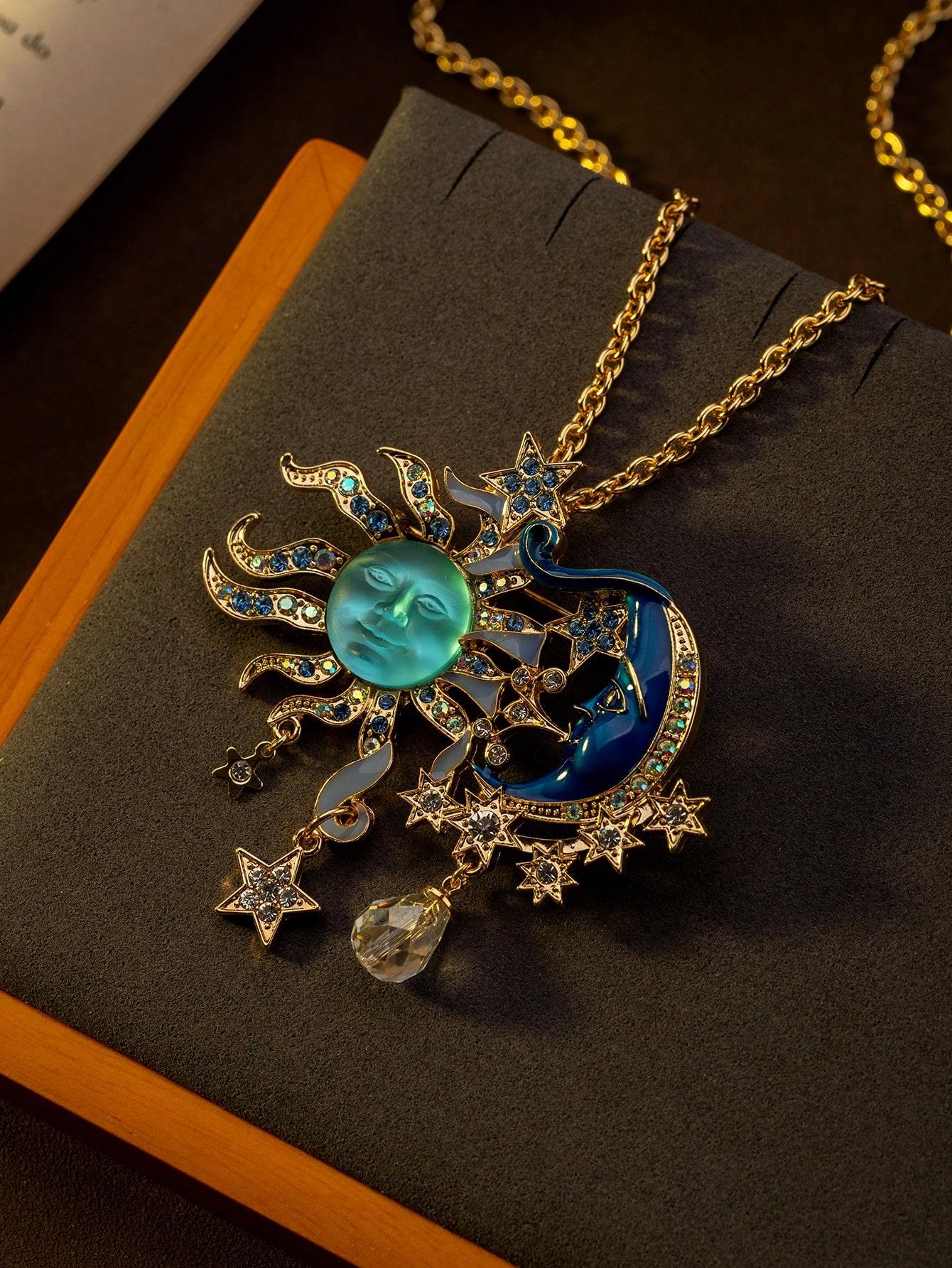 

Ретро преувеличенное лицо бога солнца звезда луна высококлассное ожерелье с подвеской цвета лазури one-size