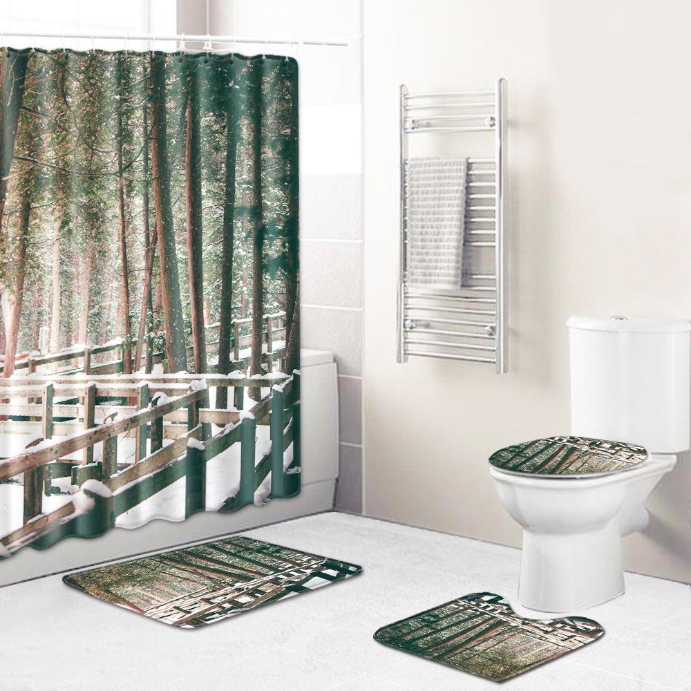 Landscape Shower Curtain Floor Mat Combination Four-Piece Set Bathroom Toilet Carpet Shower Room Mat Foot Mat
