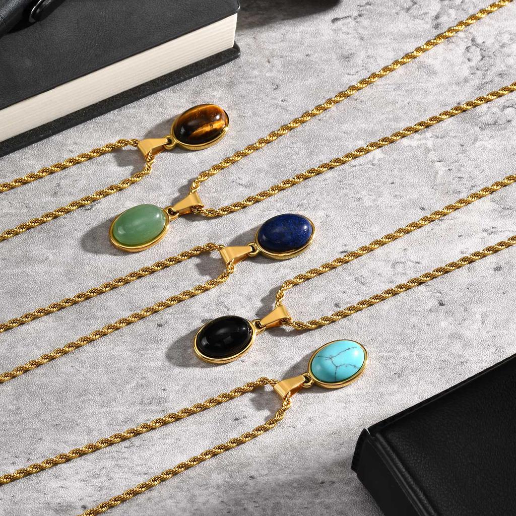 Trendy Natural Oval Necklace for Men Boys,Waterproof Small Natural Stone Geometric Pendant,Energy Magnetic Field Jewelry Gift