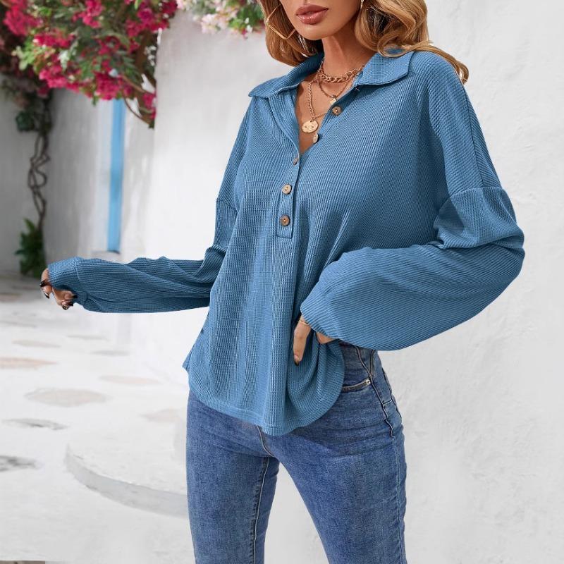 Plus Size Women's New Autumn Lapel Button Solid Color Long Sleeved Top