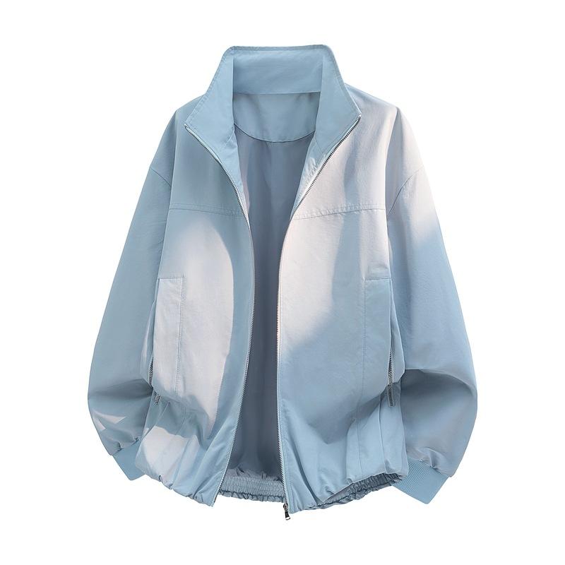 Men's Casual Stand Collar Windbreaker - Lightweight Zip-Up Jacket with Side Zipper Pockets for Daily Wear