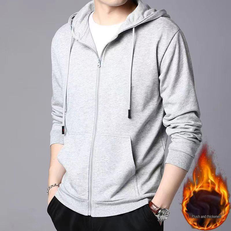 Men's Korean Style Solid Fleece Zip-Up Hoodie - Autumn/Winter Casual Sports Cardigan
