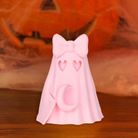 Halloween Ghost Figurine Cute Pink Ghost Holding Moon Statue Resin Ghost Sculpture Tabletop Ornament for Indoor Home Decor
