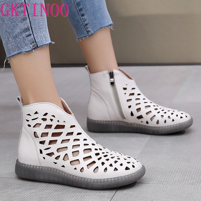 Fashion GKTINOO Women's Summer Boots Fashion 2025 New Genuine Leather Women's Sandals Hollow Design Non-slip Round Toe Ladies Shoes