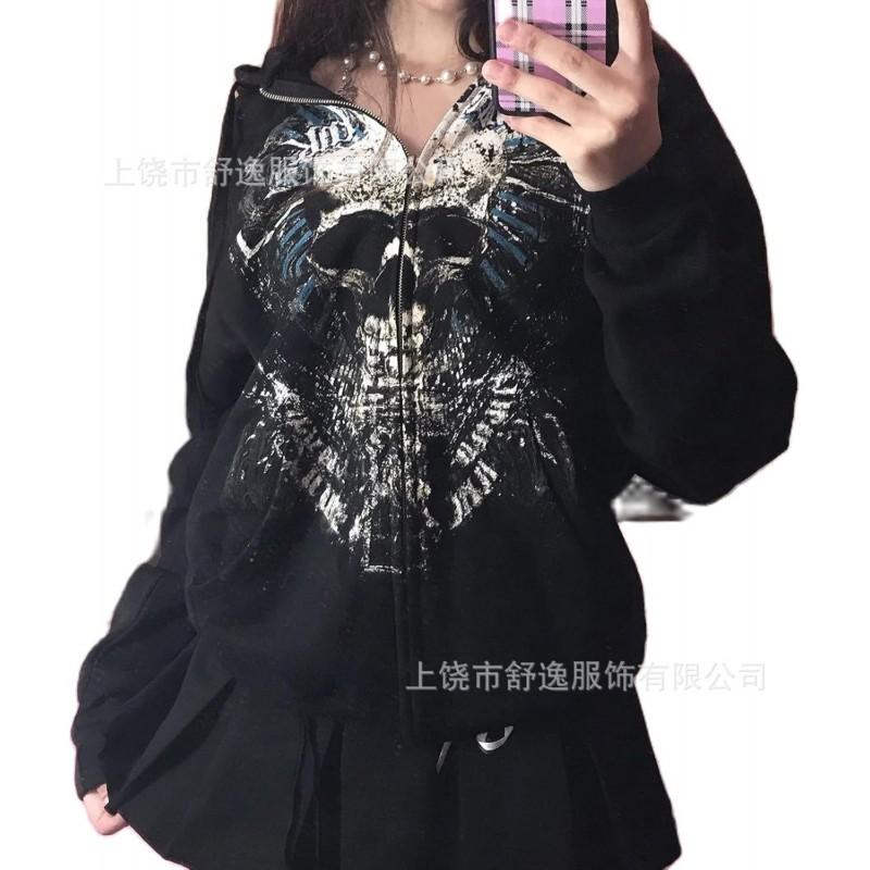 Womens Oversized Y2K Streetwear Hoodie With Digital Skull Print Zip-Up Loose Fit Sweatshirt Casual Outdoor Wear