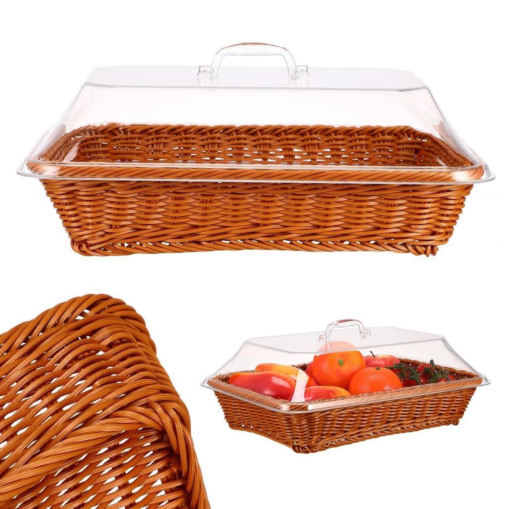 Simulated Rattan Bread Basket Transparent Cover Rustic Woven Storage Basket for Kitchen Restaurant Bakery Fruit Vegetable
