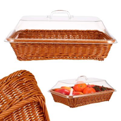 Simulated Rattan Bread Basket Transparent Cover Rustic Woven Storage Basket for Kitchen Restaurant Bakery Fruit Vegetable