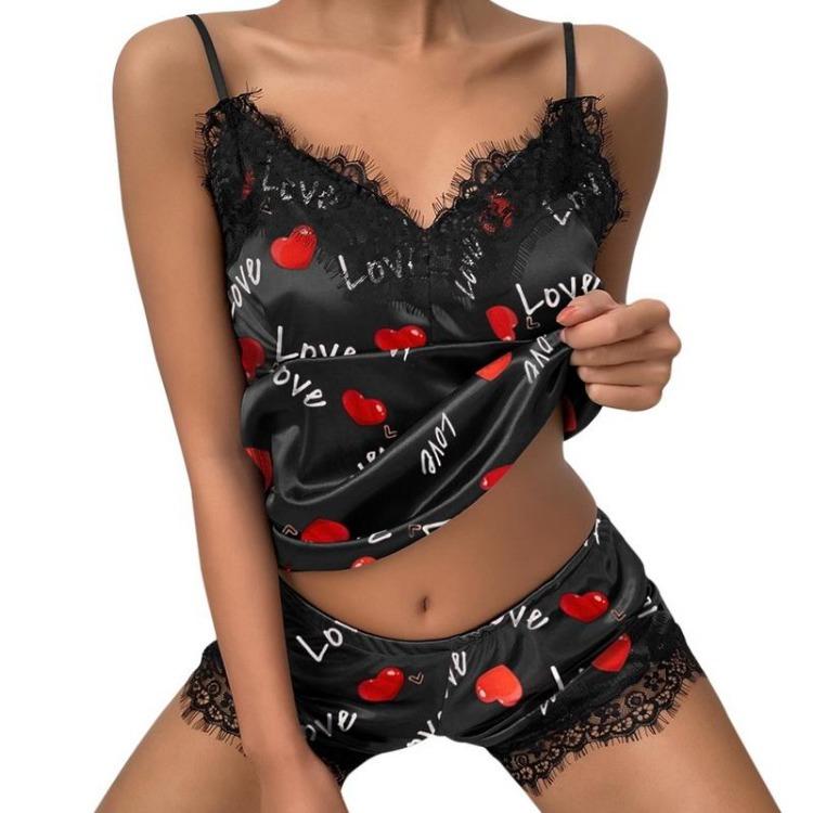 Women Sexy Polka Dot Printed Letter Sleepwear Set V Neck Sling Vest Shorts Casual Loungewear