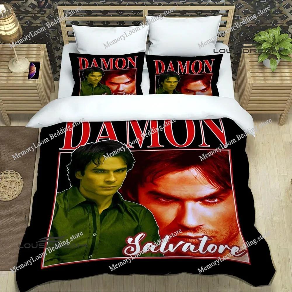 TV Series Popular The Vampire Diaries Damon Salvatore Bedding Set King Size Duvet Cover 3D Print Cozy Soft Bed Sheet Set Adult