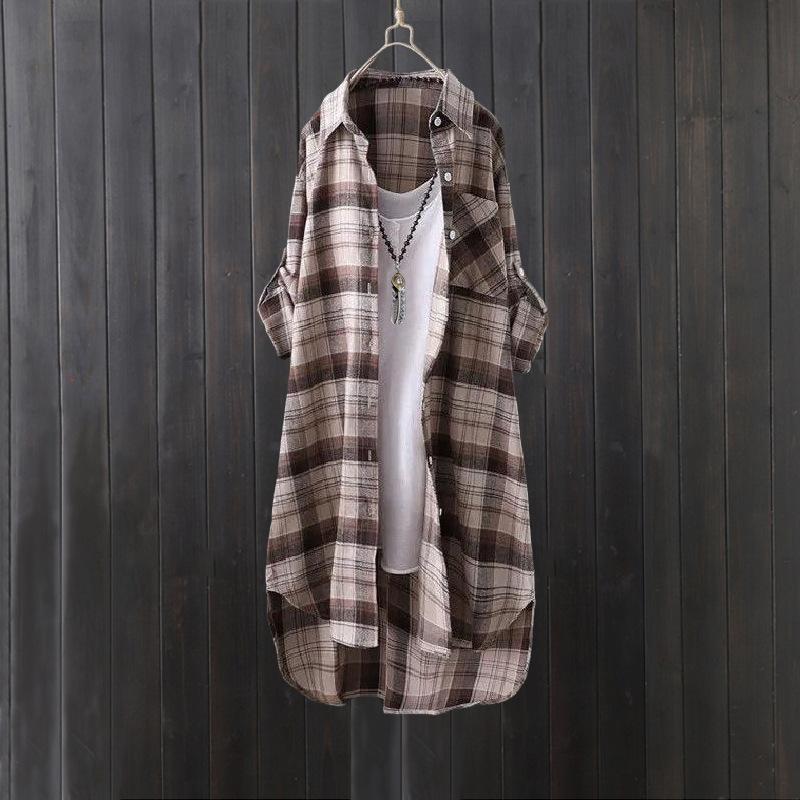Plaid Shirt Women's Long Spring and Autumn Thin Coat Western Style Long-sleeved Shirt Loose Butt-covering and Linen Top