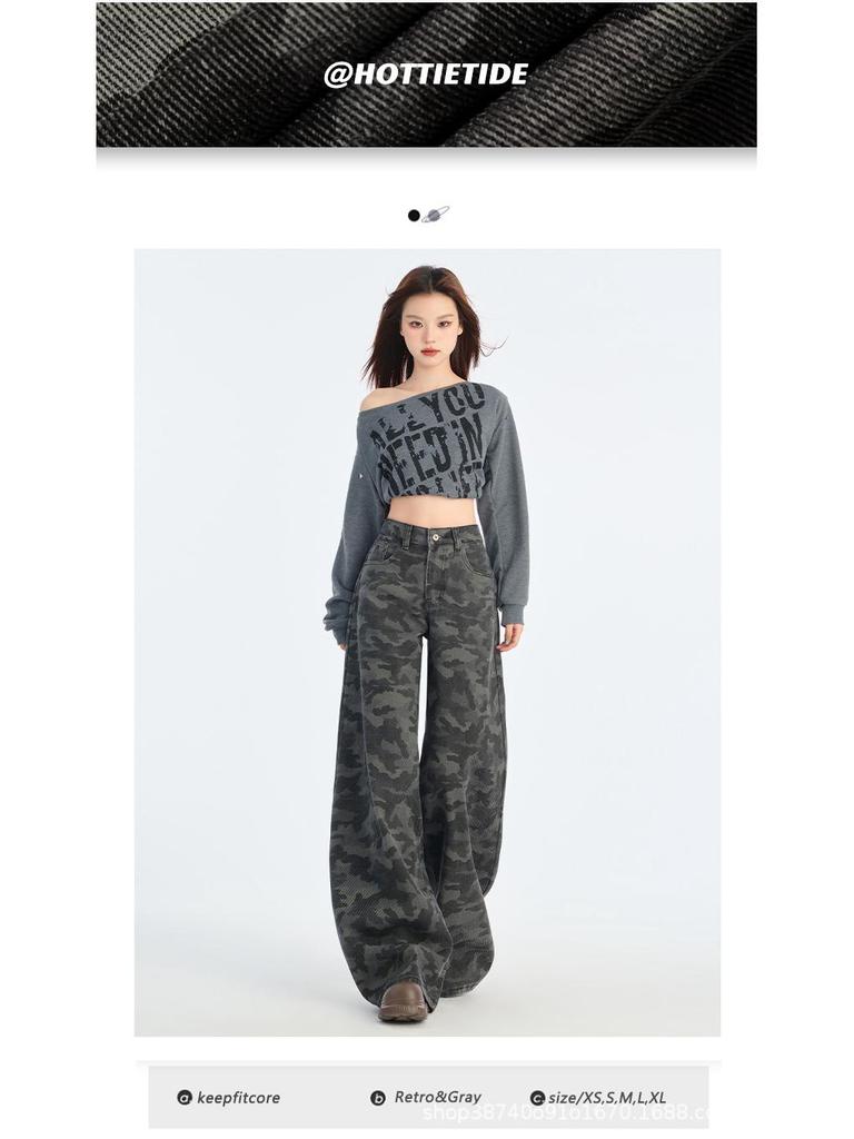 American-Style High-Waist Camo Jeans: Women's Wide-Leg, Slimming, Loose-Fit Pants for Spring 2025