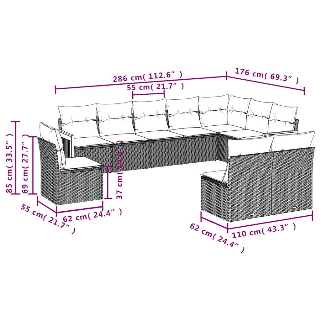 Vidaxl 10-Cz. Set da Giardino, Cuscini Rattan Nero Pe