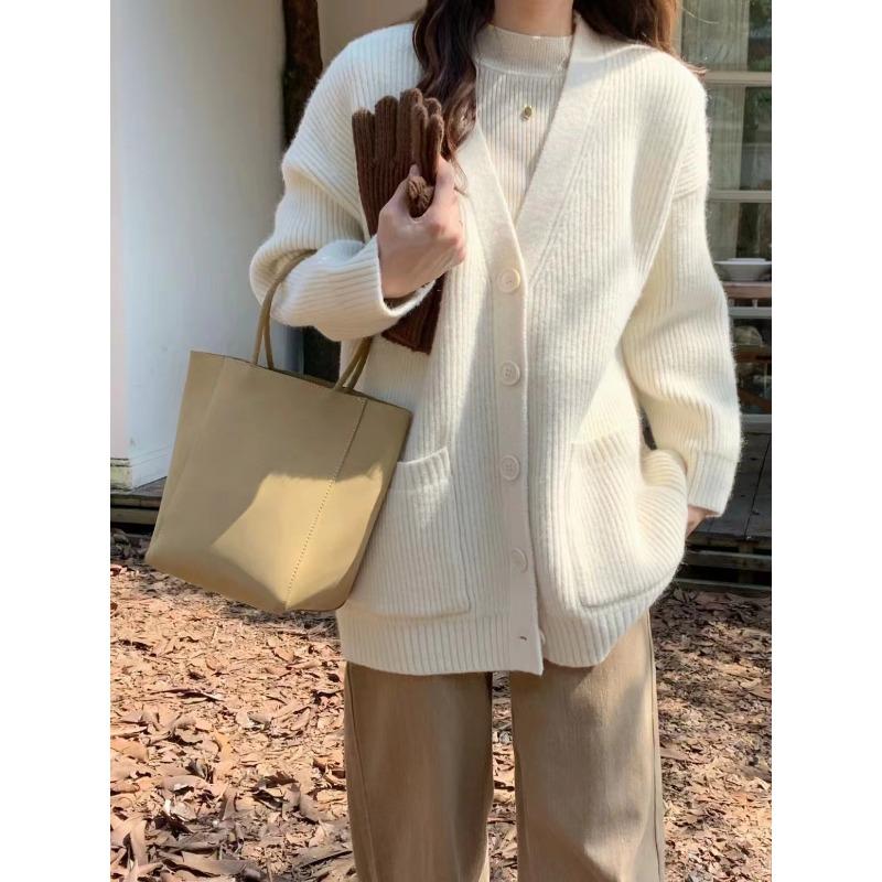 

Свободный и ленивый свитер-кардиган с V-образным вырезом, женский осенне-зимний простой однотонный универсальный вязаный жакет средней длины для женщин One size