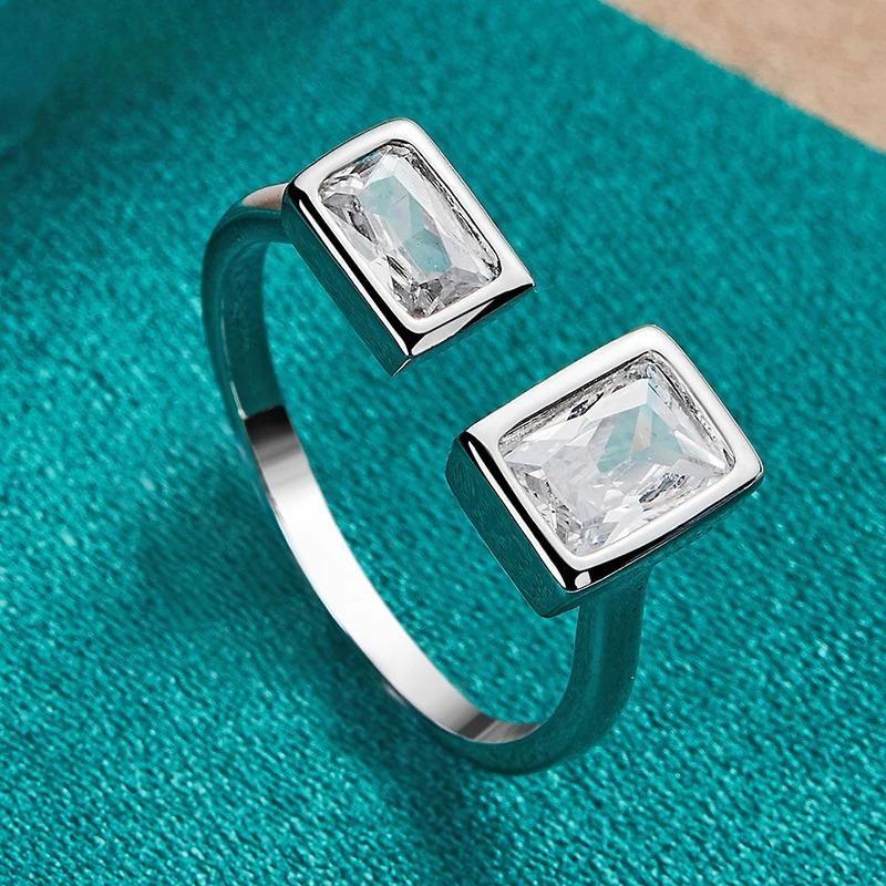 925 Sterling Silver Double Square Zircon Open Ring for Women Wedding Party Charm Fine Jewelry
