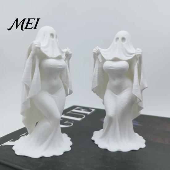 Draped Skirt Halloween Figure 3D Printed Ghost Bride Statue Ornament, Female Sculpture with Resin-like Craft Stable Base, Decorative Minimalist Spooky