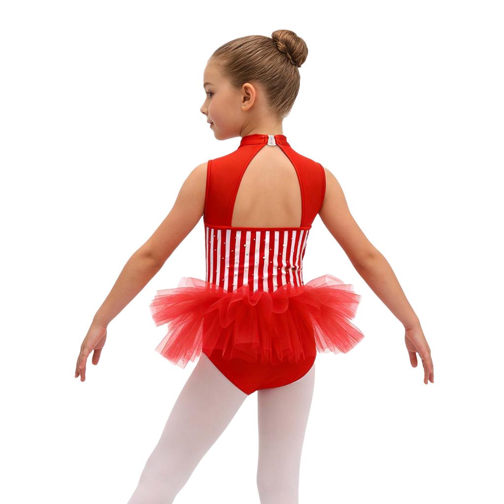 Girls Ringmaster Bodysuit Striped Jumpsuit Rhinestone Details Sleeveless Cutout Waist Mesh Ruffle Performance Costume