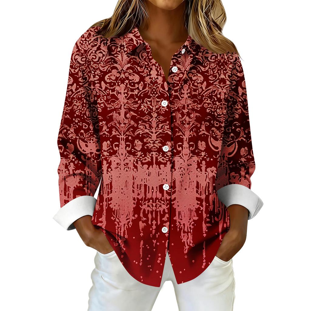 Women's Fashionable Casual Printed Long-Sleeved Button-Up Shirt