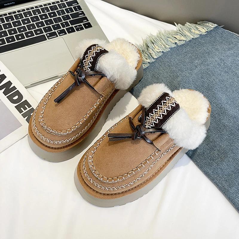 Fashion Women's Fashion Baotou Slippers Winter New Round Head Suede Deep Mouth Thick Sole Anti-slip Wear-resistant Flat Shoes