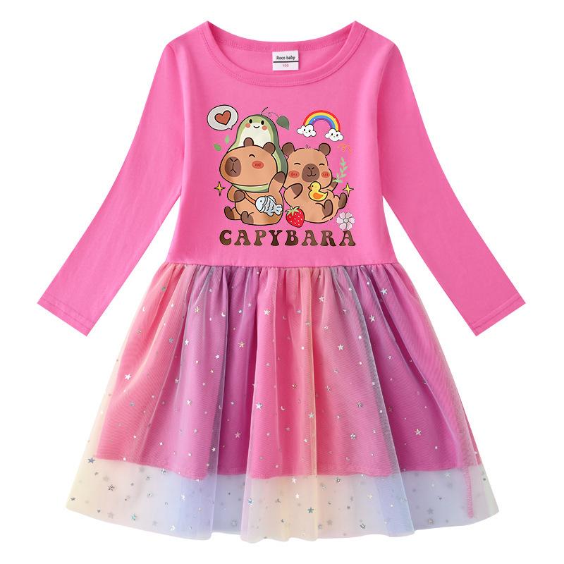 Korean Style Girls' Princess Dress with Rainbow Sequins, Mesh Pleats, and Stars - Short and Long Sleeve Options for Spring, Summer, and Autumn.
