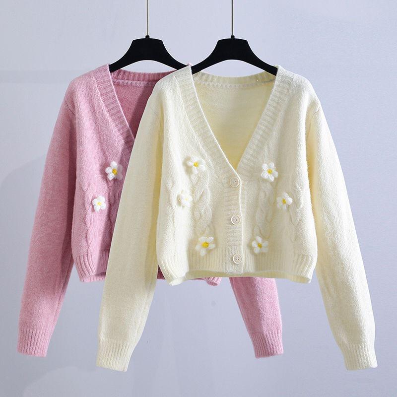 Handmade Chunky Knit Flower Cardigan for Women - Early Autumn Korean Style