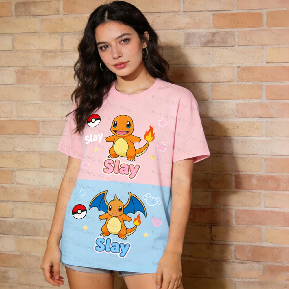 Pokemon Printed Tshirts Women Kawaii Squirtle CharUnisexder Pikachu Tees Casual Short Sleeve Oversized Tops Summer Y2K Streetwear