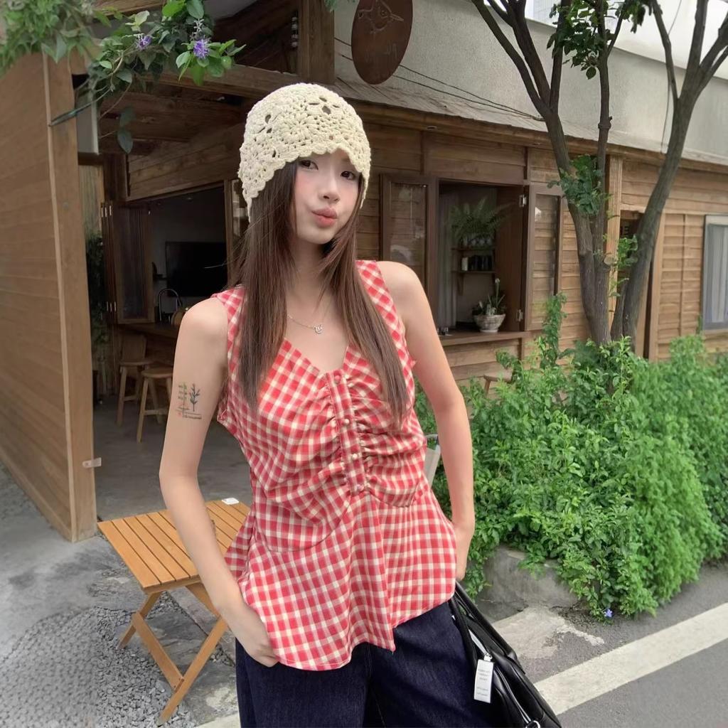 Gentle wind sleeveless V-neck red plaid suspender vest shirt women's summer waist thin versatile T-shirt top