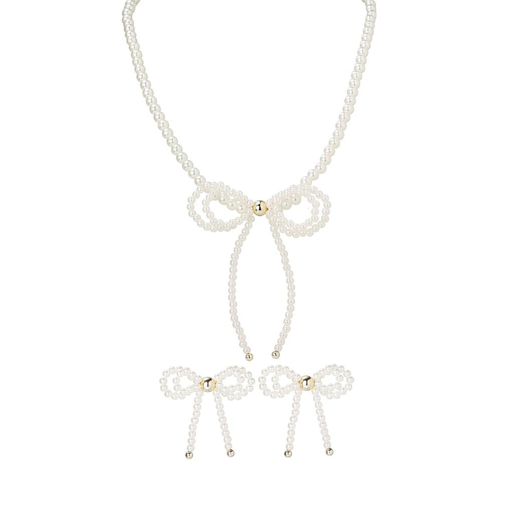 2-piece elegant imitation pearl bow pendant necklace earrings women's jewelry set