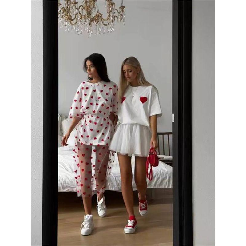 Fashion Stylish Short Sleeve Heart Printing Cotton T-shirt Loose All-Matching Top Heart Printed T-shirt